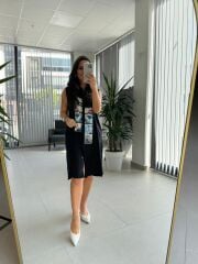 Bb 30010 Siyah Pamuk Keten Dijital Baskı Detaylı Elbise