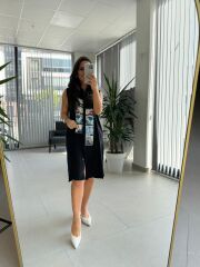 Bb 30010 Siyah Pamuk Keten Dijital Baskı Detaylı Elbise