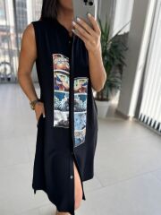 Bb 30010 Siyah Pamuk Keten Dijital Baskı Detaylı Elbise