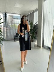 Bb 30010 Siyah Pamuk Keten Dijital Baskı Detaylı Elbise