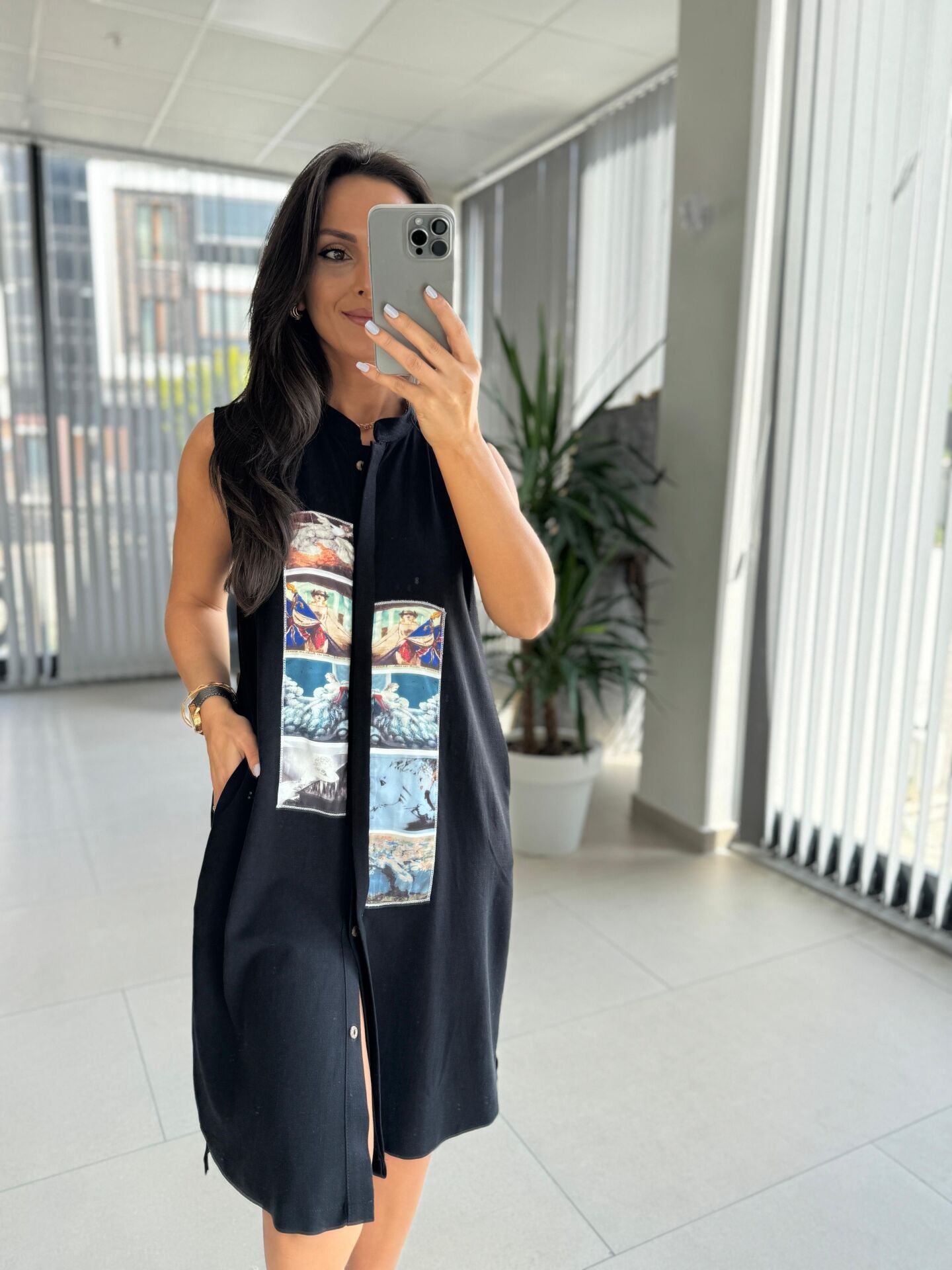 Bb 30010 Siyah Pamuk Keten Dijital Baskı Detaylı Elbise