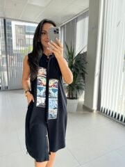 Bb 30010 Siyah Pamuk Keten Dijital Baskı Detaylı Elbise