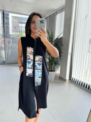 Bb 30010 Siyah Pamuk Keten Dijital Baskı Detaylı Elbise