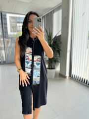 Bb 30010 Siyah Pamuk Keten Dijital Baskı Detaylı Elbise