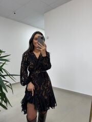 Mc 5113 Siyah Kahve Dantel Detaylı Kruvaze Elbise