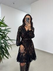 Mc 5113 Siyah Kahve Dantel Detaylı Kruvaze Elbise