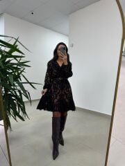 Mc 5113 Siyah Kahve Dantel Detaylı Kruvaze Elbise