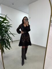 Mc 5113 Siyah Kahve Dantel Detaylı Kruvaze Elbise