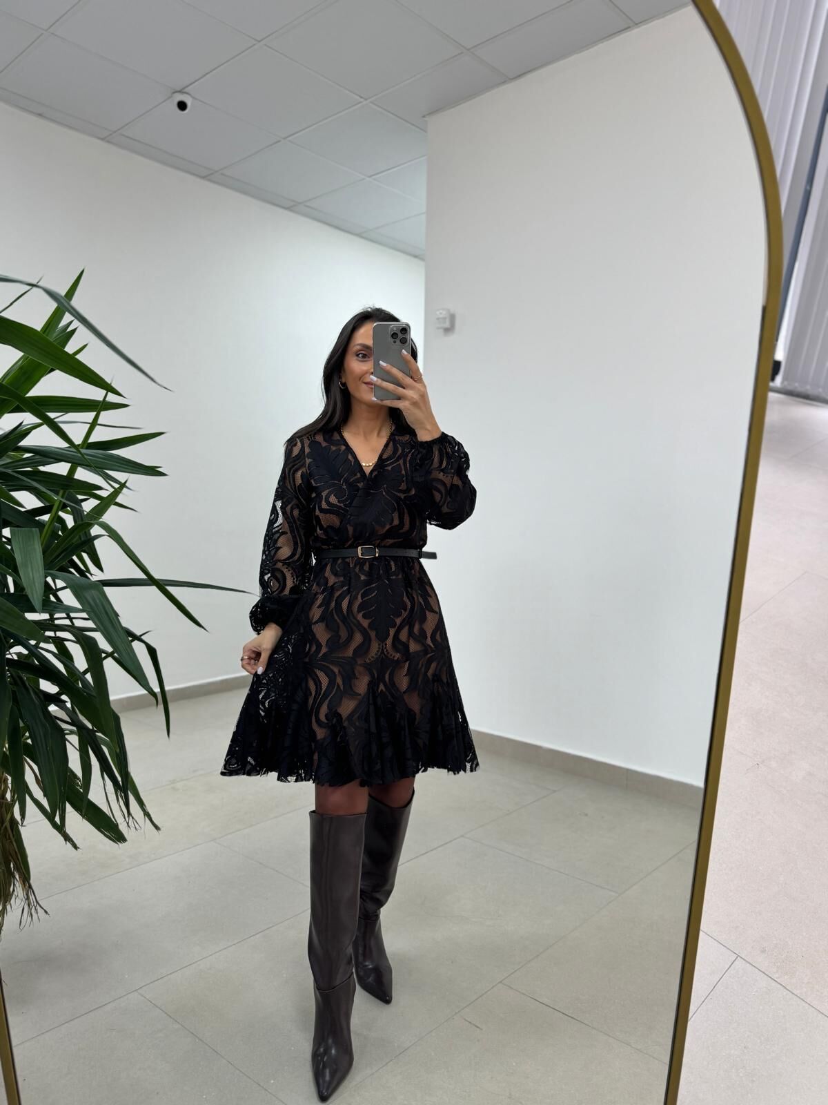 Mc 5113 Siyah Kahve Dantel Detaylı Kruvaze Elbise