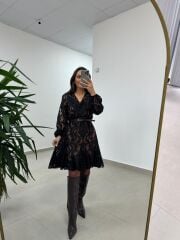 Mc 5113 Siyah Kahve Dantel Detaylı Kruvaze Elbise