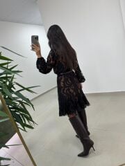 Mc 5113 Siyah Kahve Dantel Detaylı Kruvaze Elbise