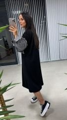 Dr 2494 Kol Denim Detaylı Sweat Siyah Elbise