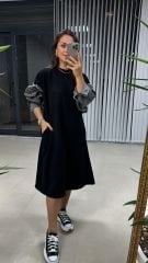 Dr 2494 Kol Denim Detaylı Sweat Siyah Elbise