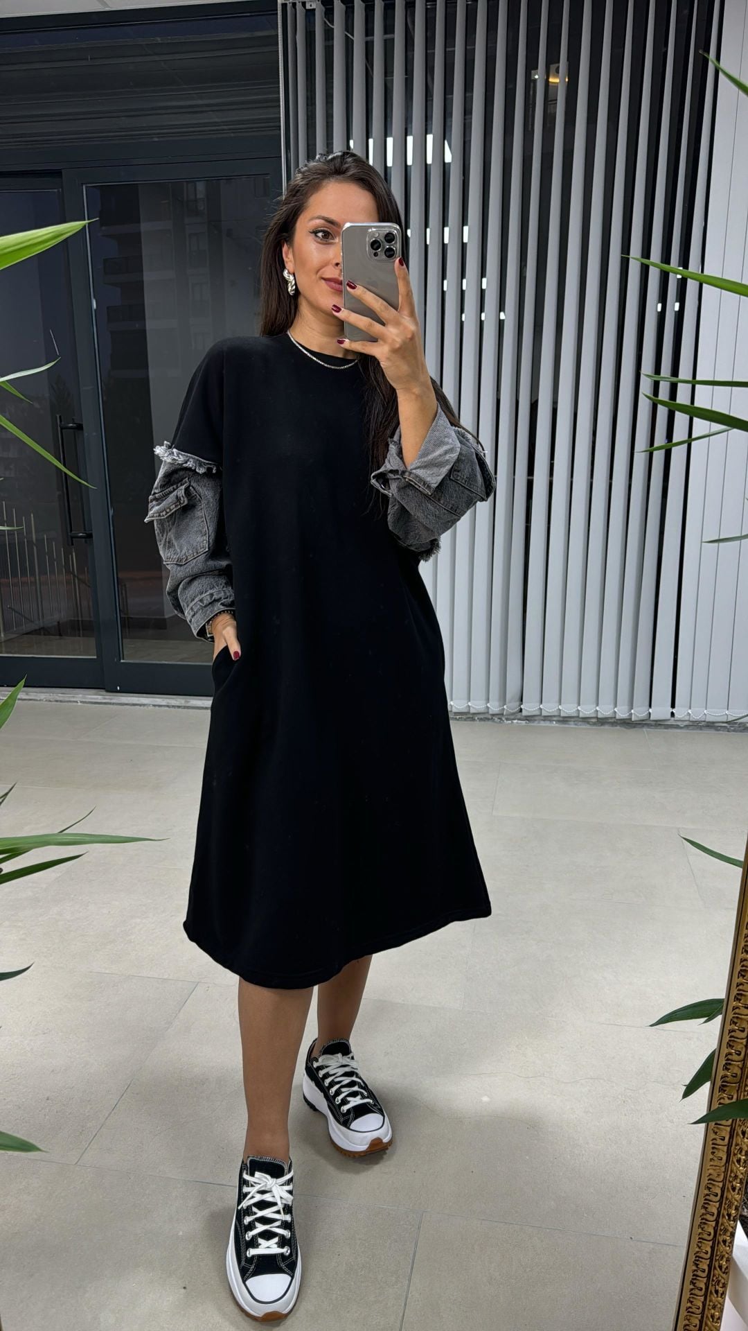 Dr 2494 Kol Denim Detaylı Sweat Siyah Elbise