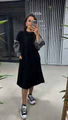 Dr 2494 Kol Denim Detaylı Sweat Siyah Elbise