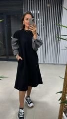 Dr 2494 Kol Denim Detaylı Sweat Siyah Elbise