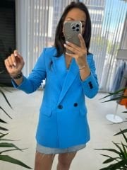 Foo Mavi Keten Blazer Ceket