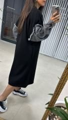 Dr 2494 Kol Denim Detaylı Sweat Siyah Elbise