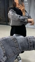 Dr 2494 Kol Denim Detaylı Sweat Siyah Elbise