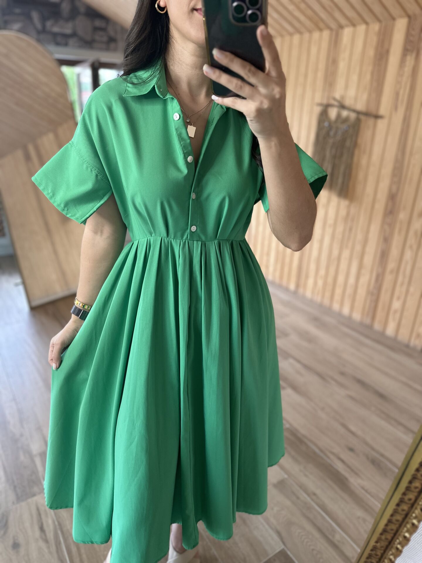 Yeşil poplin kloş elbise
