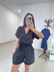 Mz 22543 Tensel Siyah Şort Tulum