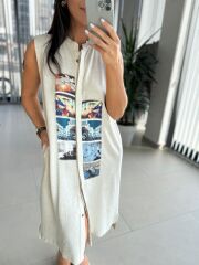 Bb 30010 Taş Pamuk Keten Dijital Baskı Detaylı Elbise