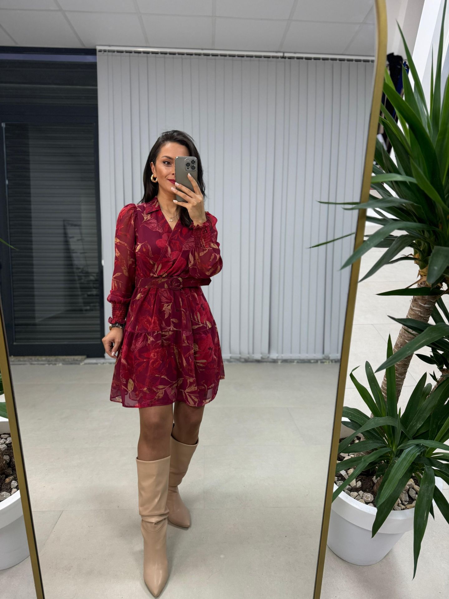 My Bordo Kemerli Şifon Elbise