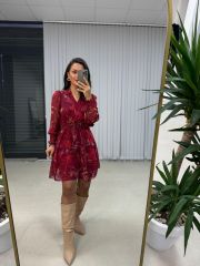 My Bordo Kemerli Şifon Elbise