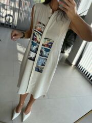 Bb 30010 Taş Pamuk Keten Dijital Baskı Detaylı Elbise