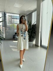 Bb 30010 Taş Pamuk Keten Dijital Baskı Detaylı Elbise