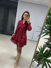 My Bordo Kemerli Şifon Elbise