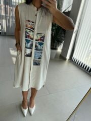 Bb 30010 Taş Pamuk Keten Dijital Baskı Detaylı Elbise