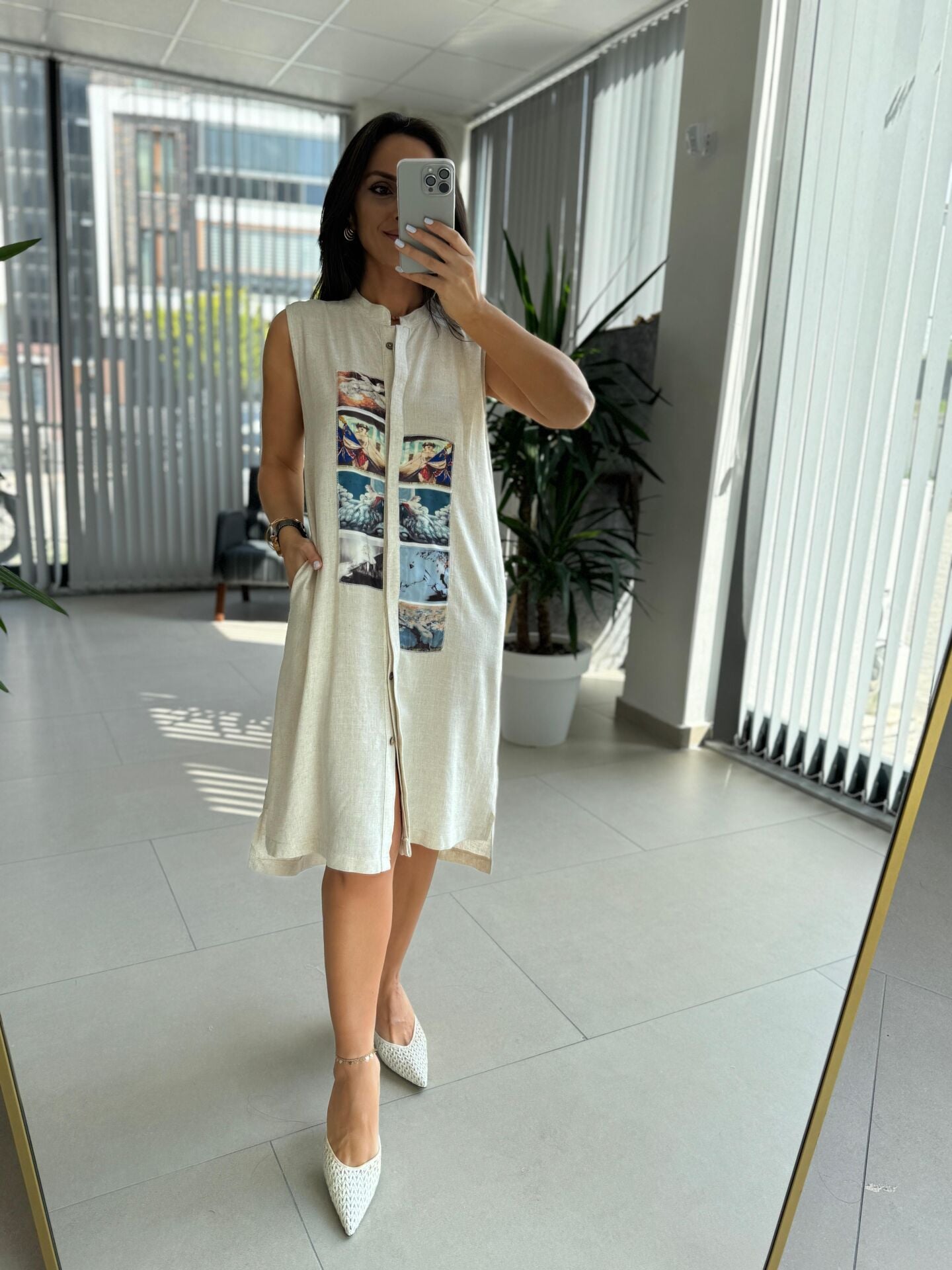 Bb 30010 Taş Pamuk Keten Dijital Baskı Detaylı Elbise