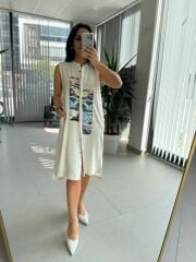 Bb 30010 Taş Pamuk Keten Dijital Baskı Detaylı Elbise