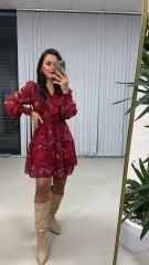 My Bordo Kemerli Şifon Elbise