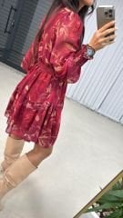 My Bordo Kemerli Şifon Elbise