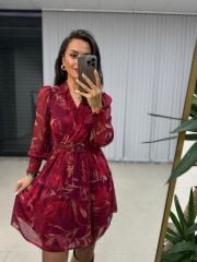 My Bordo Kemerli Şifon Elbise