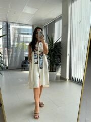 Bb 30010 Taş Pamuk Keten Dijital Baskı Detaylı Elbise