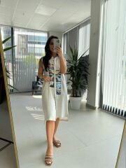 Bb 30010 Taş Pamuk Keten Dijital Baskı Detaylı Elbise