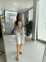 Bb 30010 Taş Pamuk Keten Dijital Baskı Detaylı Elbise