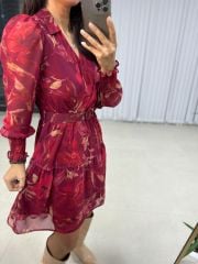 My Bordo Kemerli Şifon Elbise