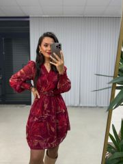 My Bordo Kemerli Şifon Elbise