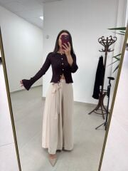 Mn 8359 Bej Dökümlü Bel Bağlamalı Pantolon Etek