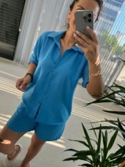 Zr Model Floş Keten Mavi Takım