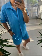 Zr Model Floş Keten Mavi Takım