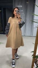 Dr 2494 Kol Denim Detaylı Sweat Camel Elbise