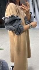 Dr 2494 Kol Denim Detaylı Sweat Camel Elbise