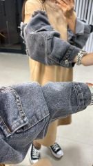 Dr 2494 Kol Denim Detaylı Sweat Camel Elbise