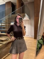 Km 4623 Vatkalı V Yaka Kahve Body Suit