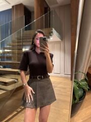 Km 4623 Vatkalı V Yaka Kahve Body Suit